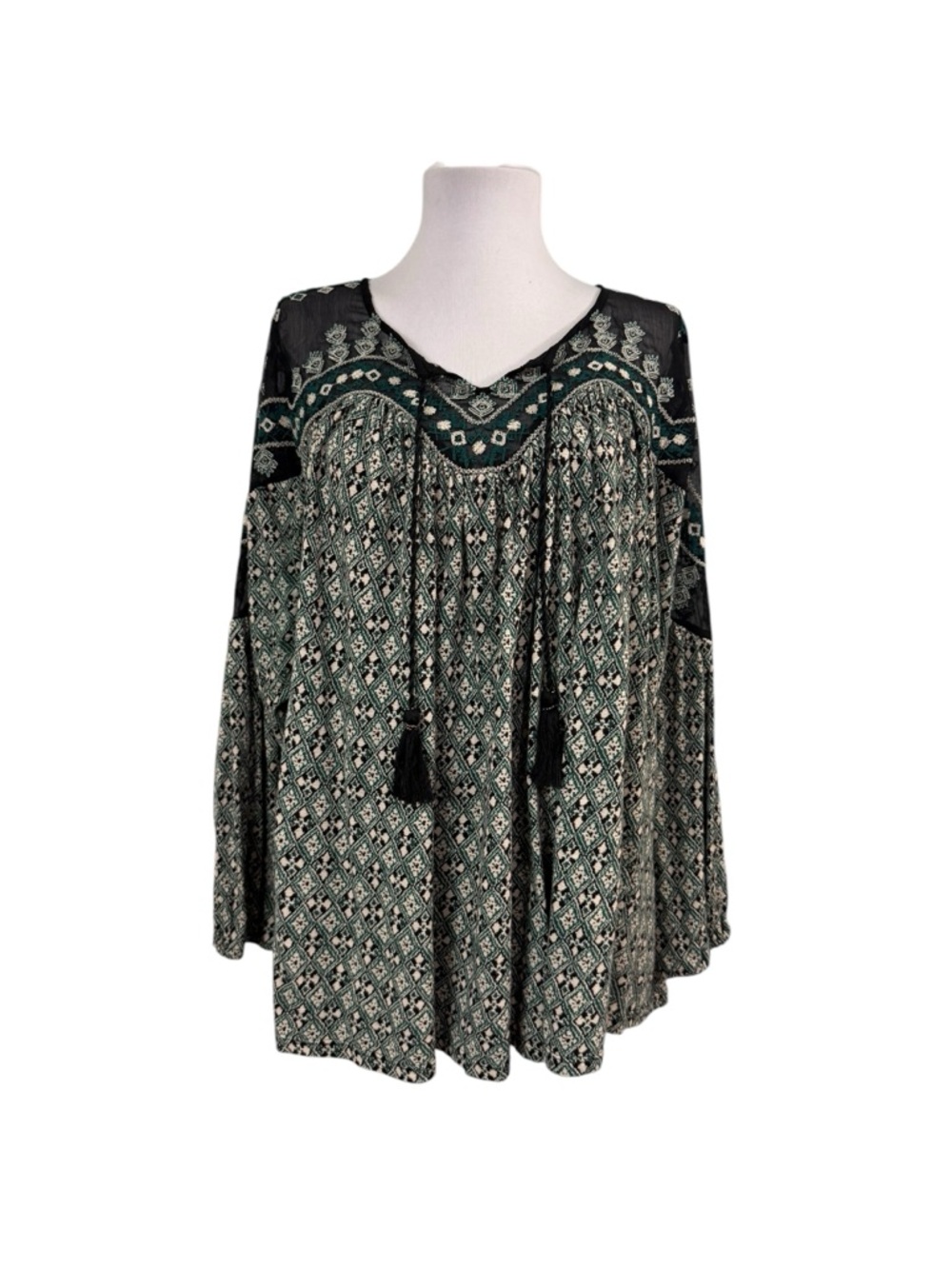 Lucky Brand 1X Fold Diamonds Peasant Boho Top Green Black Geometric Tie Neck